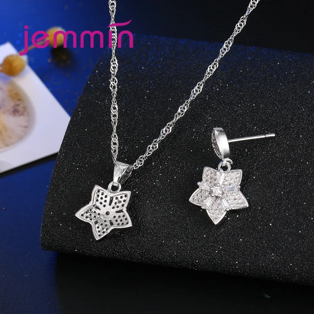 Elegant Genuine 925 Sterling Silver Shinning Crystal Flower