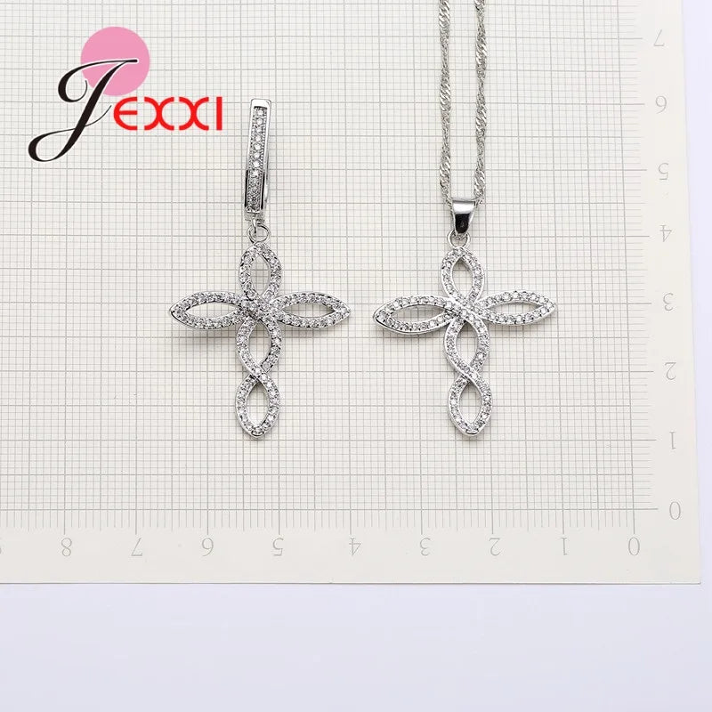 Women Wedding Jewelry Sets Charm Crystal Crooked Cross Pendant Necklaces
