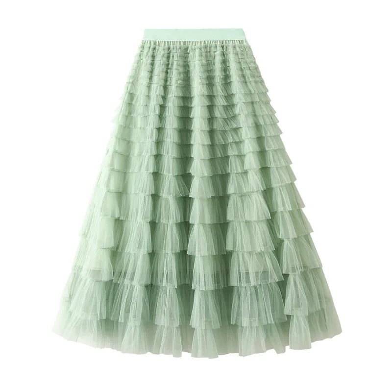 Autumn Korean Style Mesh Puffy Cake Long Skirt