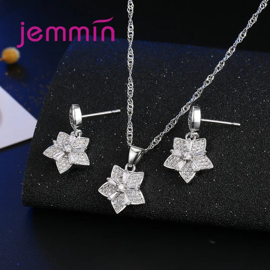 Elegant Genuine 925 Sterling Silver Shinning Crystal Flower