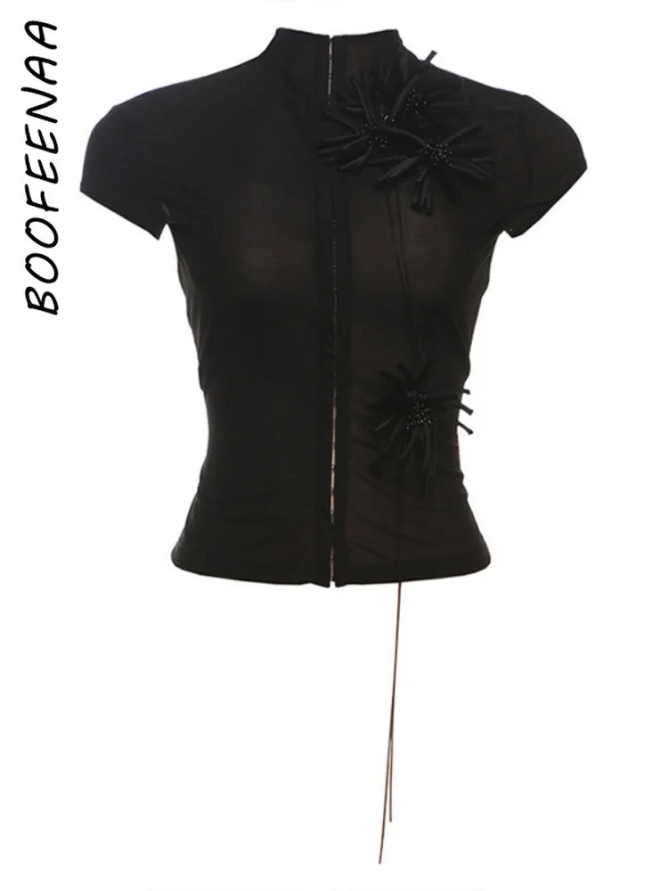 BOOFEENAA Sexy Mesh Sheer Black Shirts & Blouses 3d Flower