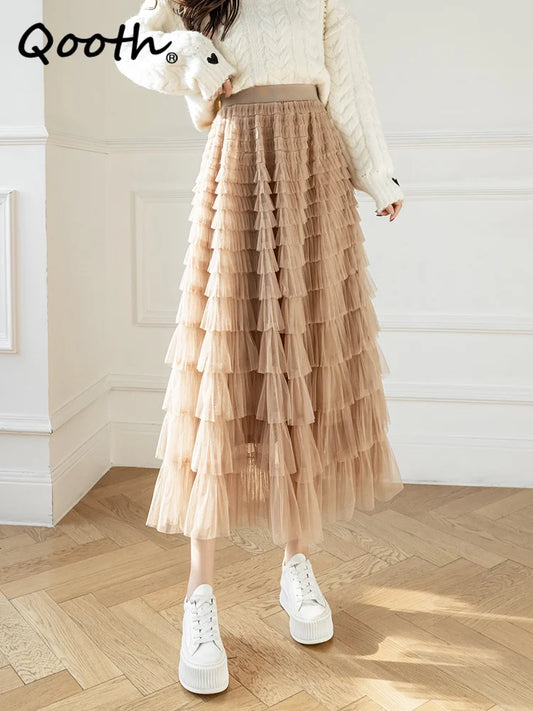 Autumn Korean Style Mesh Puffy Cake Long Skirt
