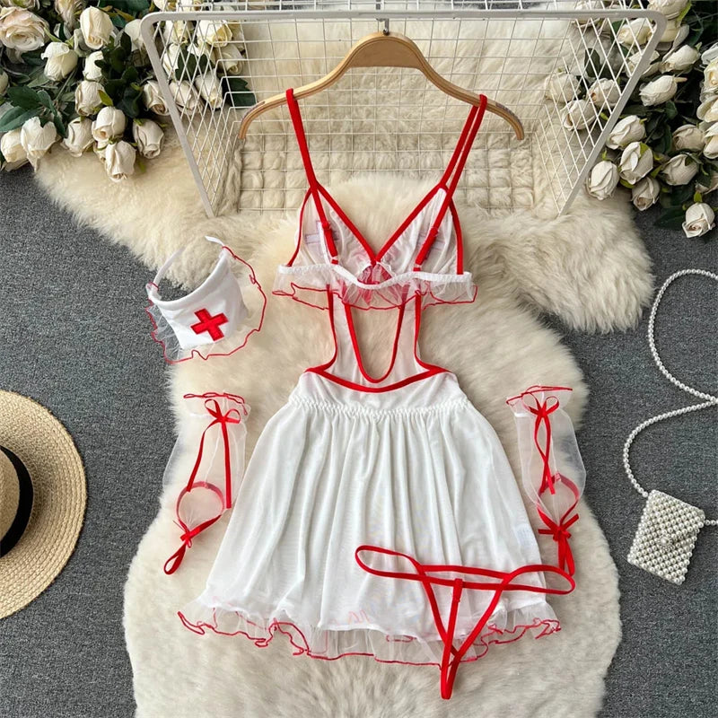 Sexy Cosplay Nurse Uniform Erotic Lingerie Babydoll Dress.