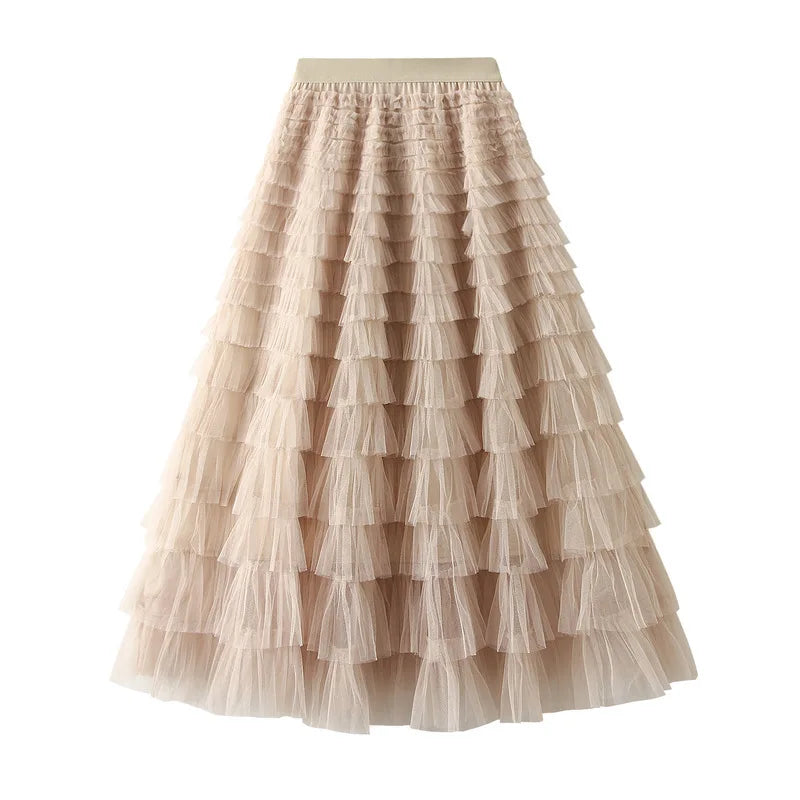 Autumn Korean Style Mesh Puffy Cake Long Skirt