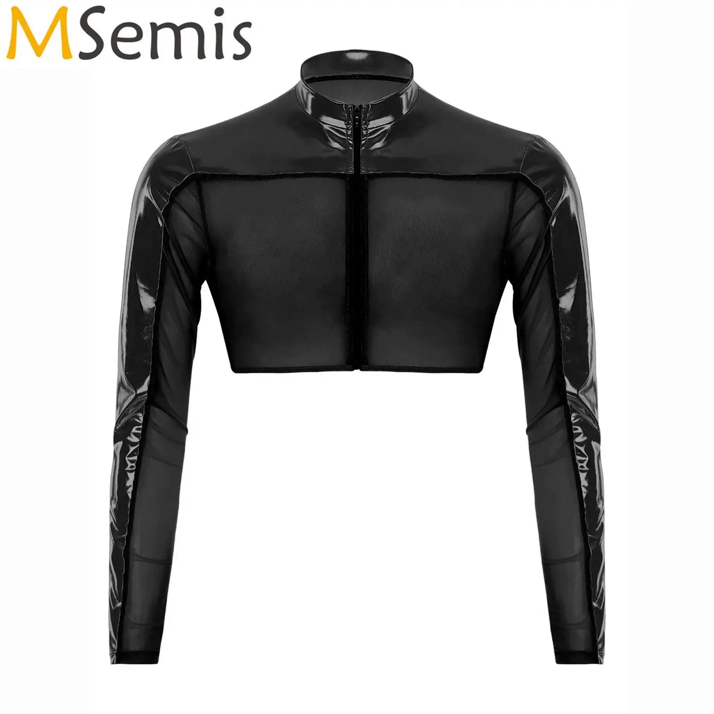 Men Shiny Metallic Glitter Crop Top Club Wear Long Sleeves
