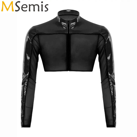 Men Shiny Metallic Glitter Crop Top Club Wear Long Sleeves