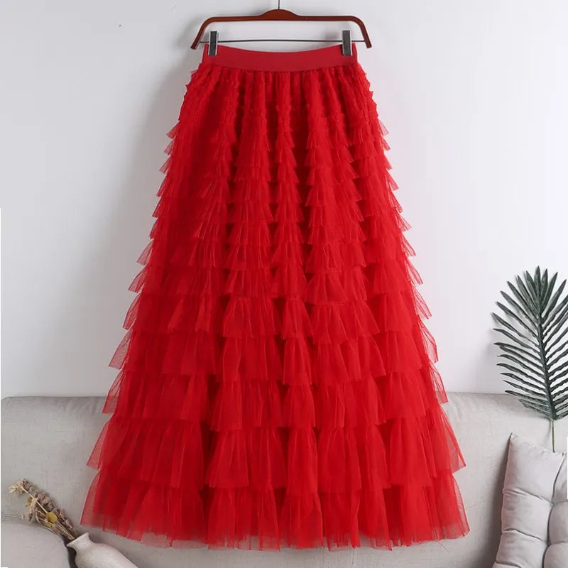 Autumn Korean Style Mesh Puffy Cake Long Skirt