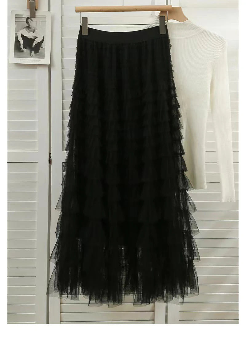 Autumn Korean Style Mesh Puffy Cake Long Skirt