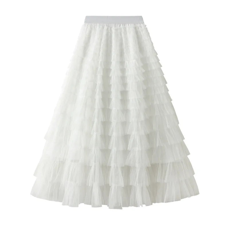 Autumn Korean Style Mesh Puffy Cake Long Skirt