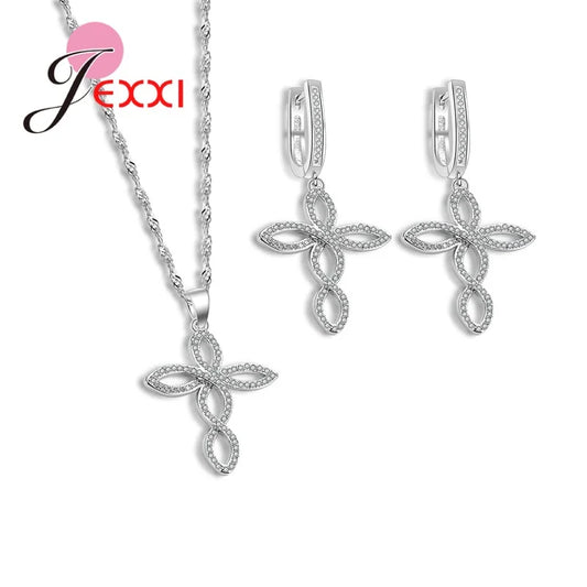 Women Wedding Jewelry Sets Charm Crystal Crooked Cross Pendant Necklaces