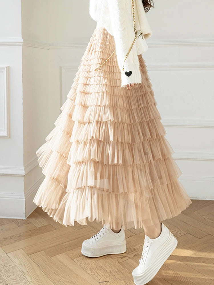 Autumn Korean Style Mesh Puffy Cake Long Skirt