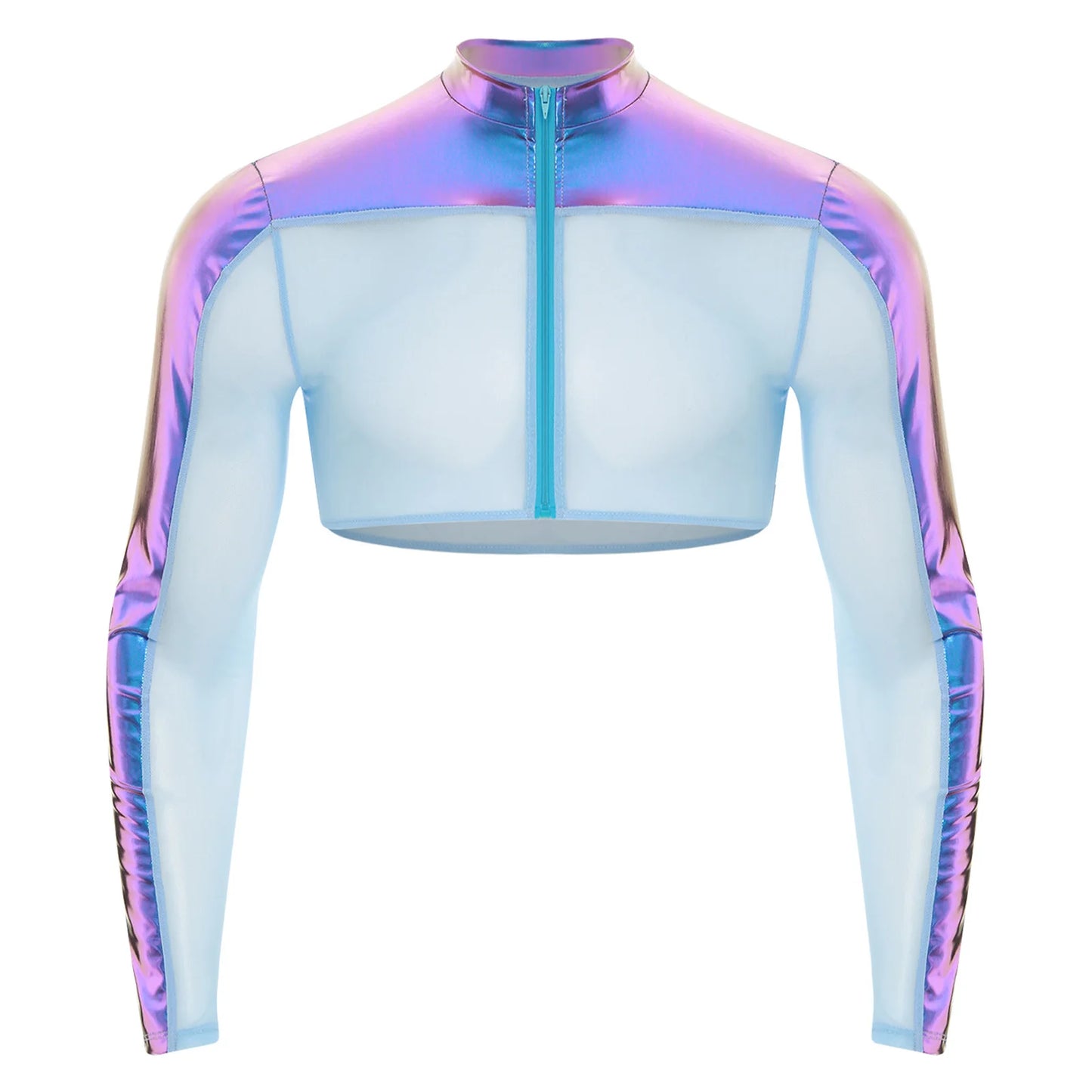 Men Shiny Metallic Glitter Crop Top Club Wear Long Sleeves