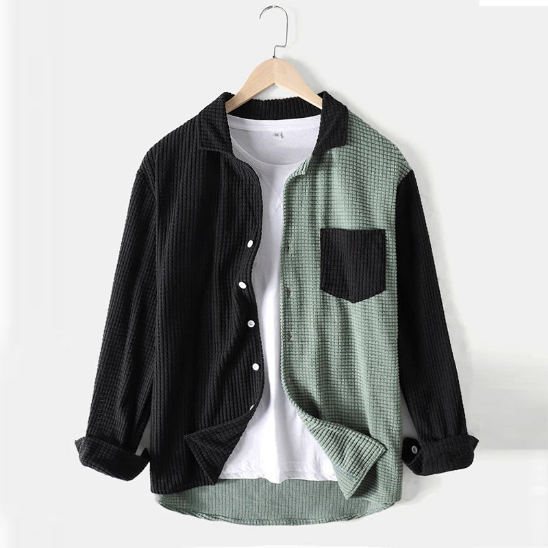 Autumn Men's Streetwear Patchwork Corduroy Long Sleeve Shirt