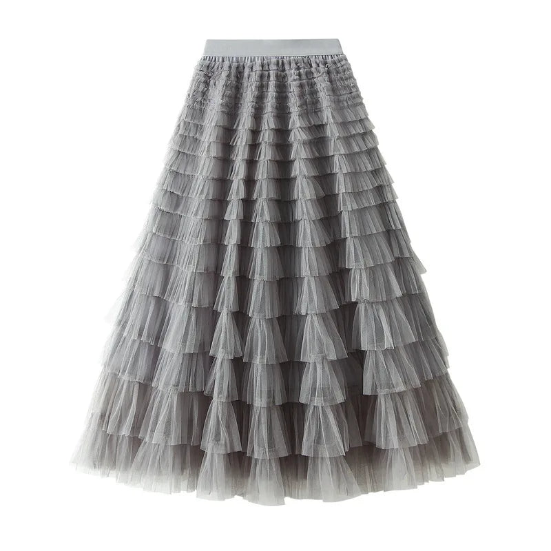 Autumn Korean Style Mesh Puffy Cake Long Skirt