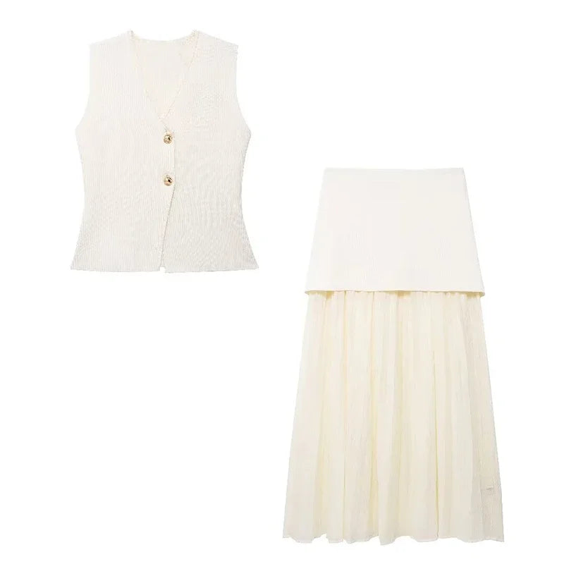 Elegant Knit Vest Patchwork Skirts Suit Women Slim.