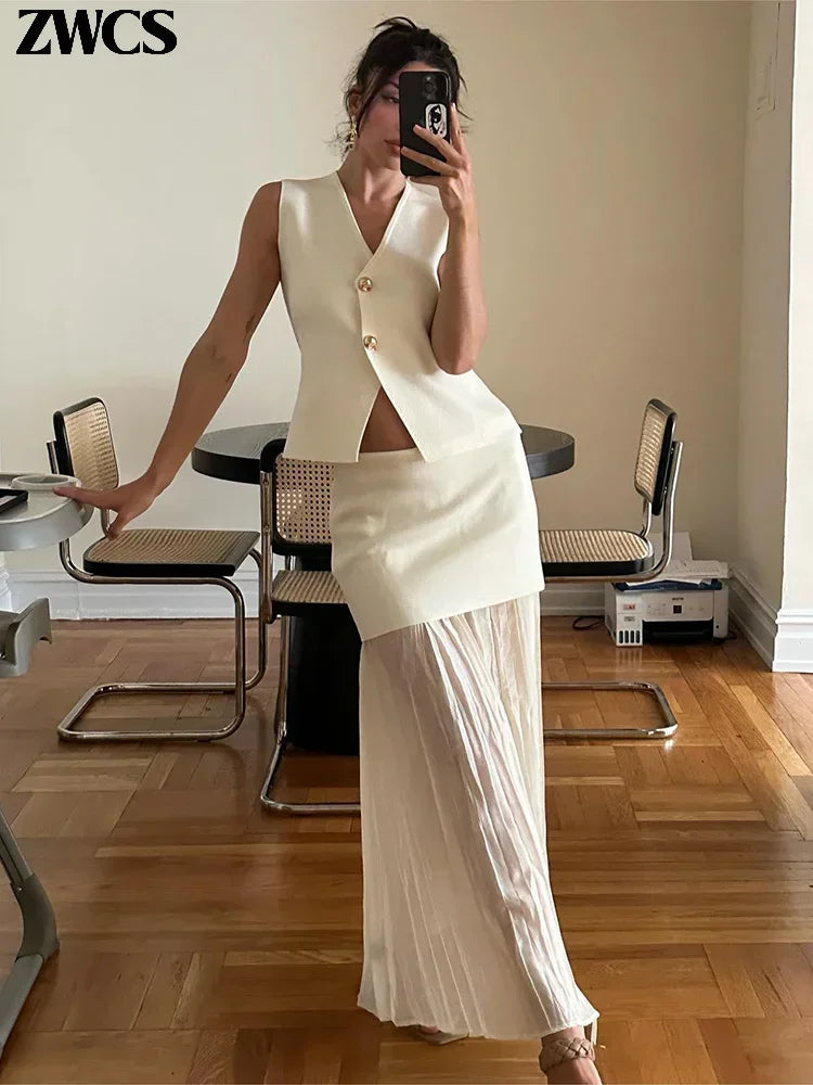 Elegant Knit Vest Patchwork Skirts Suit Women Slim.