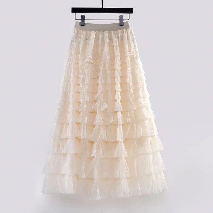 Autumn Korean Style Mesh Puffy Cake Long Skirt