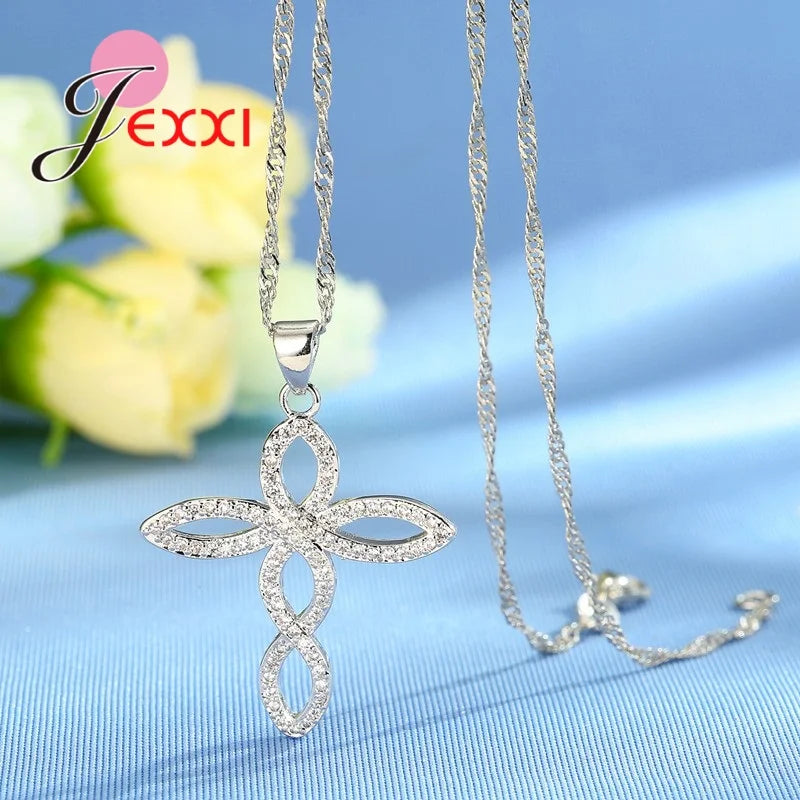 Women Wedding Jewelry Sets Charm Crystal Crooked Cross Pendant Necklaces