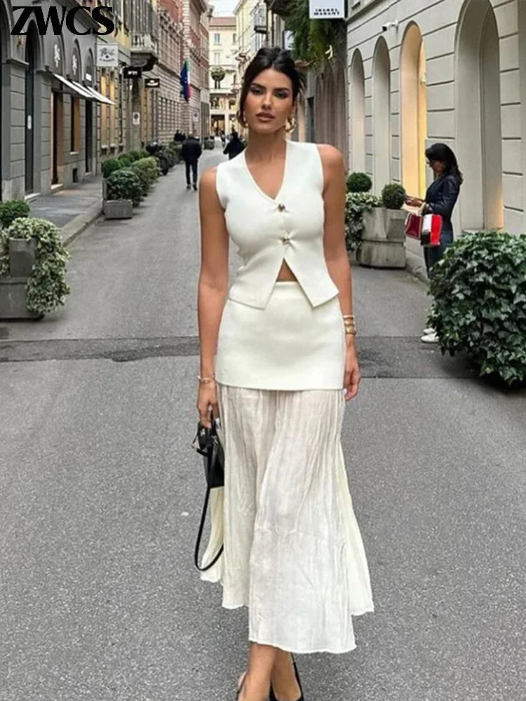 Elegant Knit Vest Patchwork Skirts Suit Women Slim.