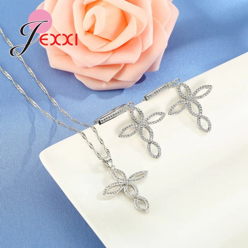 Women Wedding Jewelry Sets Charm Crystal Crooked Cross Pendant Necklaces