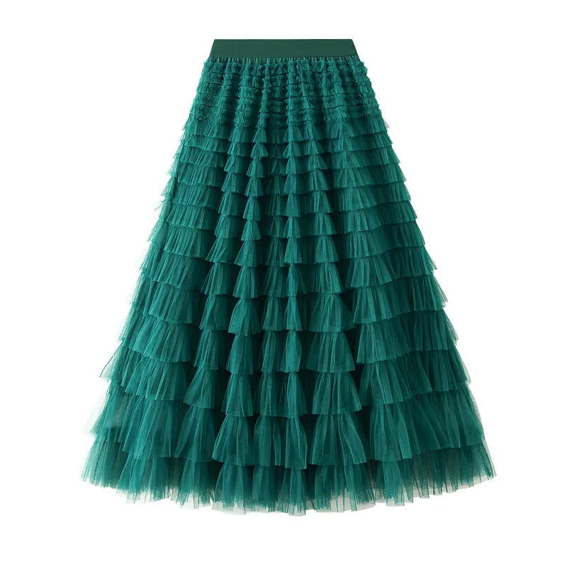 Autumn Korean Style Mesh Puffy Cake Long Skirt