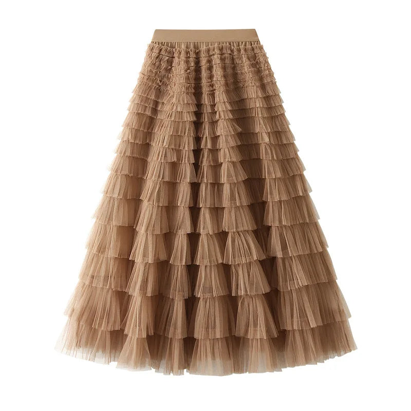 Autumn Korean Style Mesh Puffy Cake Long Skirt