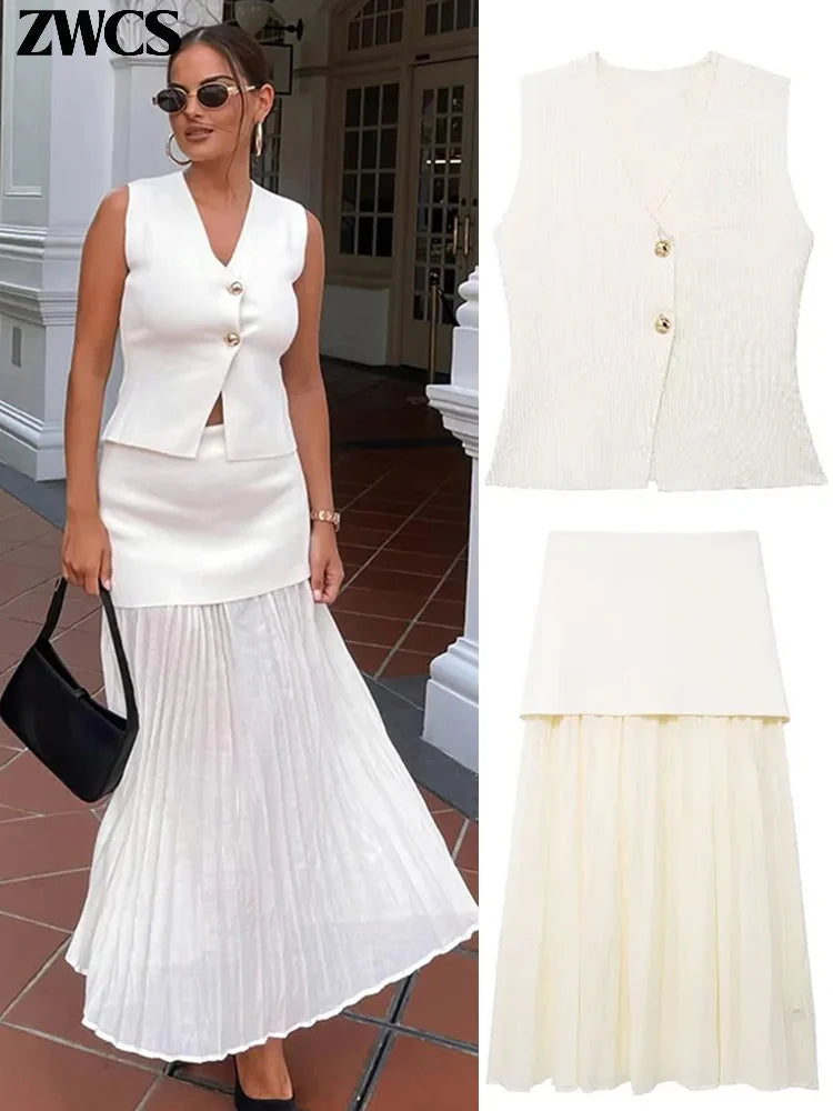 Elegant Knit Vest Patchwork Skirts Suit Women Slim.