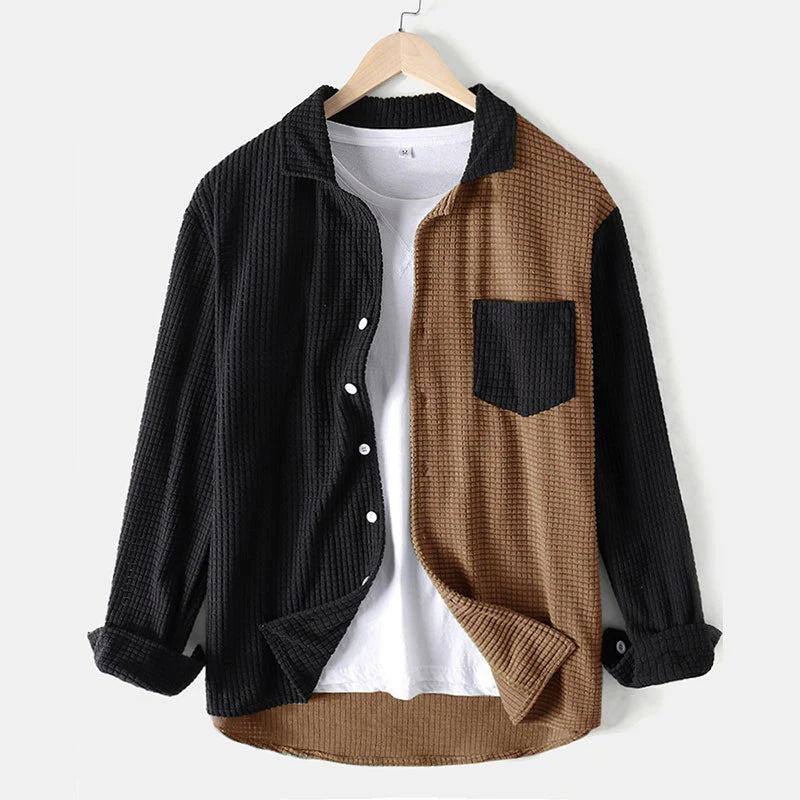 Autumn Men's Streetwear Patchwork Corduroy Long Sleeve Shirt