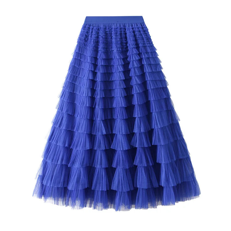 Autumn Korean Style Mesh Puffy Cake Long Skirt
