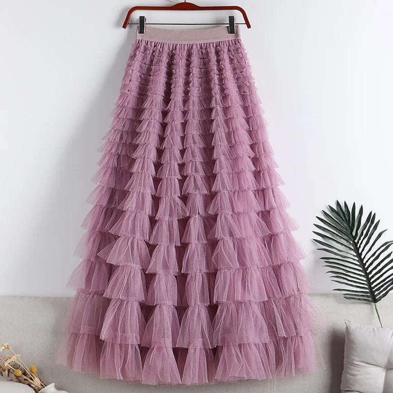 Autumn Korean Style Mesh Puffy Cake Long Skirt