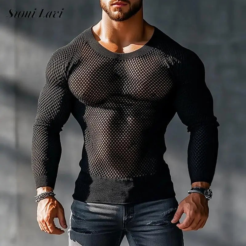 Casual Hollow Out See Through Tops Mens Vintage