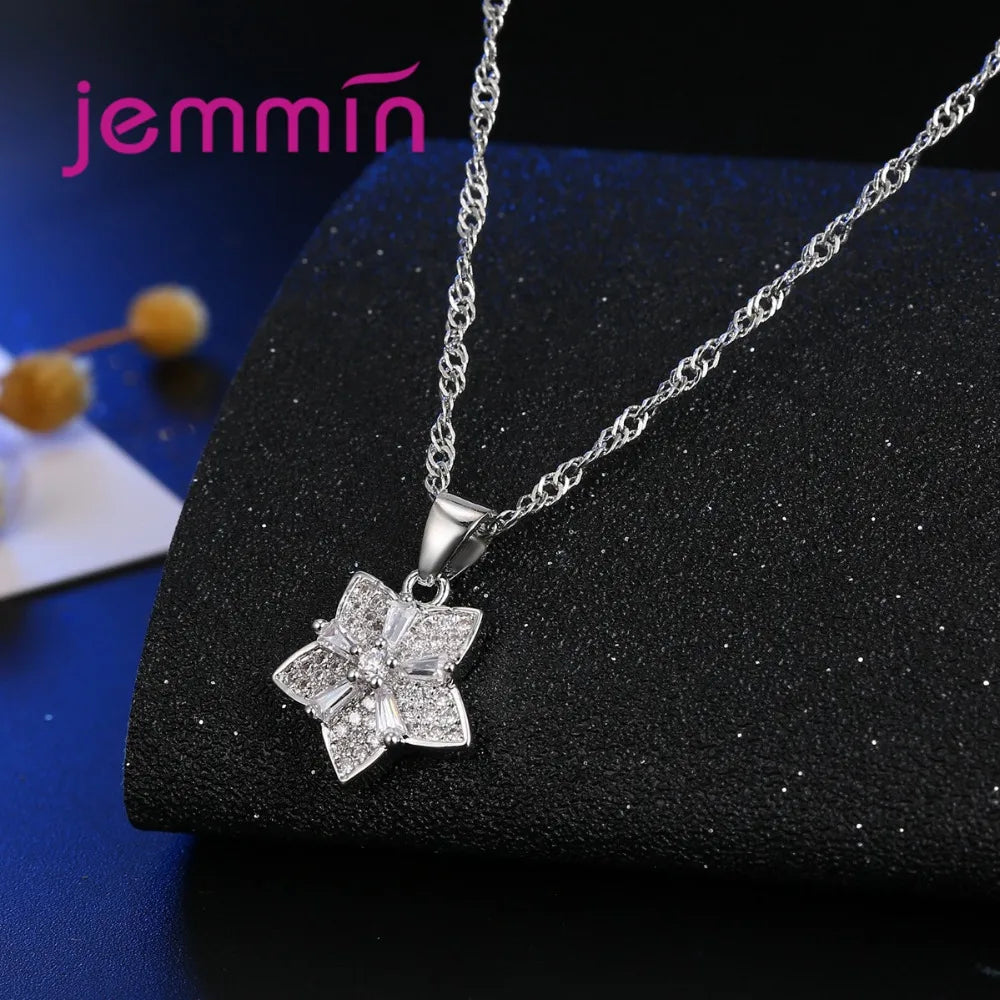 Elegant Genuine 925 Sterling Silver Shinning Crystal Flower