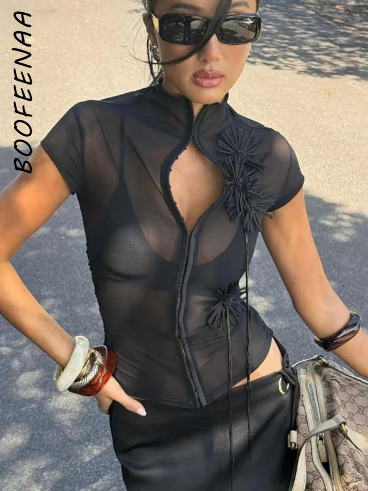 BOOFEENAA Sexy Mesh Sheer Black Shirts & Blouses 3d Flower