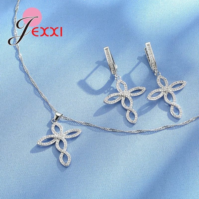 Women Wedding Jewelry Sets Charm Crystal Crooked Cross Pendant Necklaces