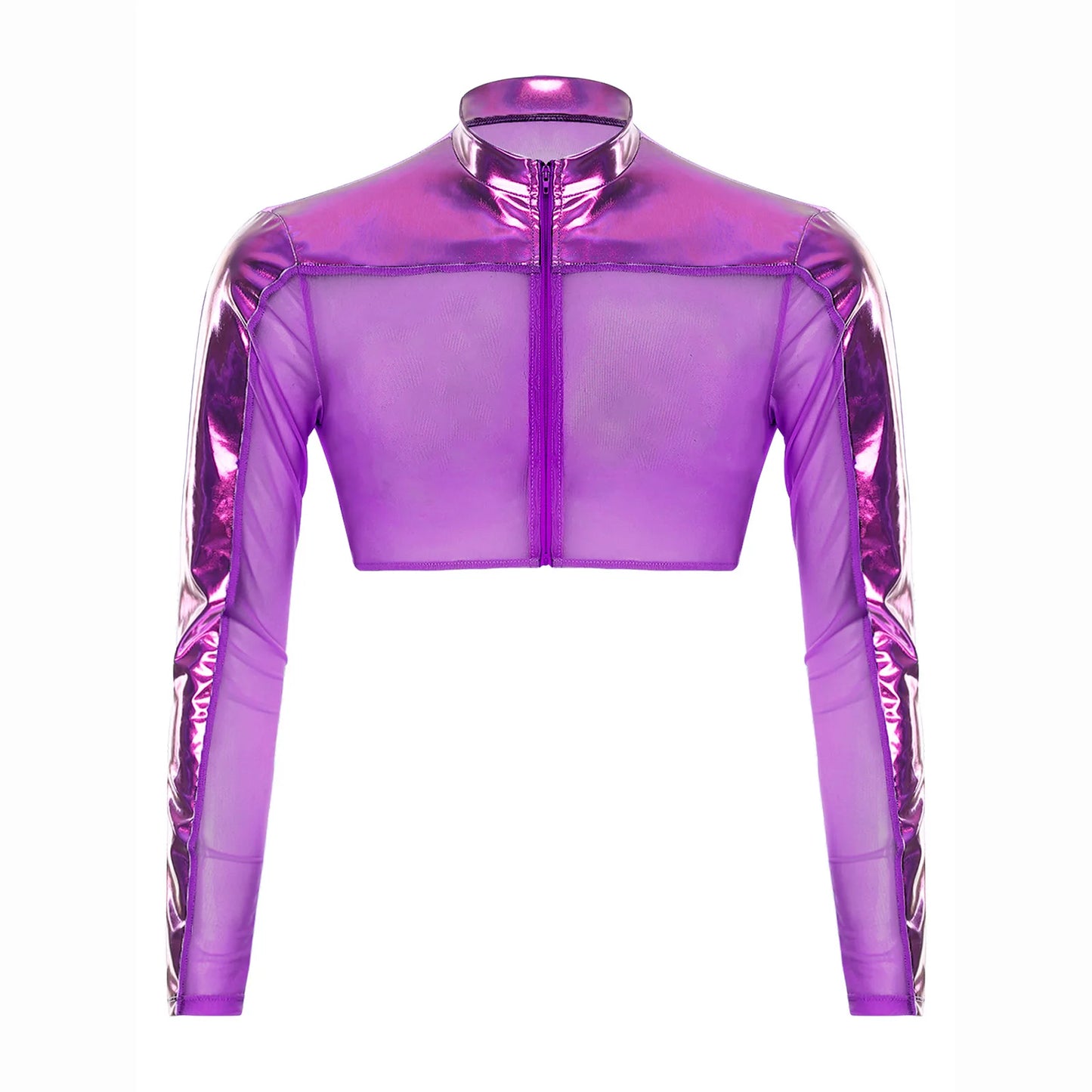 Men Shiny Metallic Glitter Crop Top Club Wear Long Sleeves