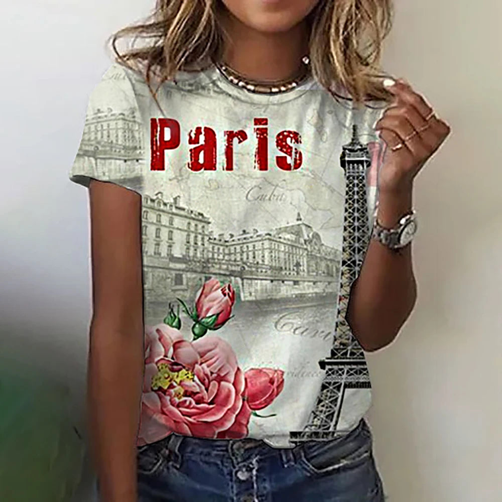 Summer Paris Eiffel Tower 3D Print T-shirts Women