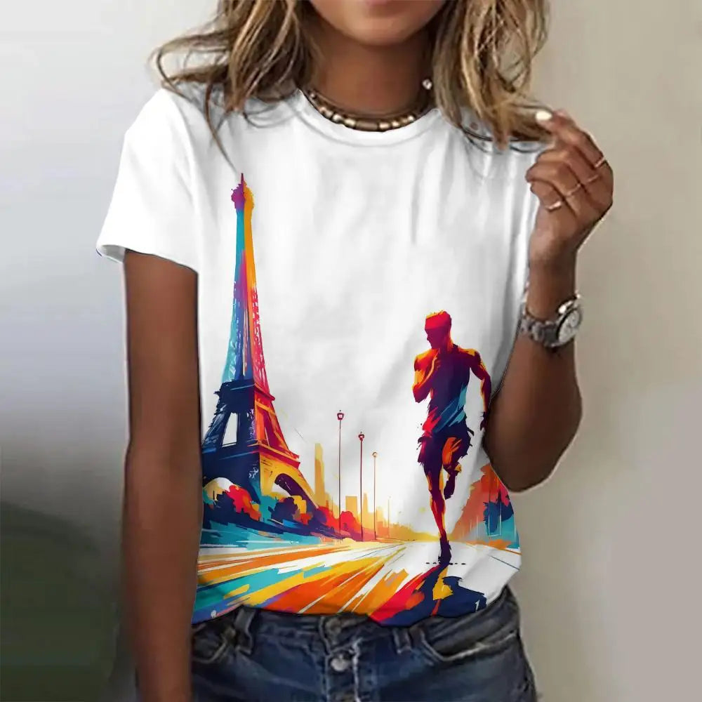Summer Paris Eiffel Tower 3D Print T-shirts Women