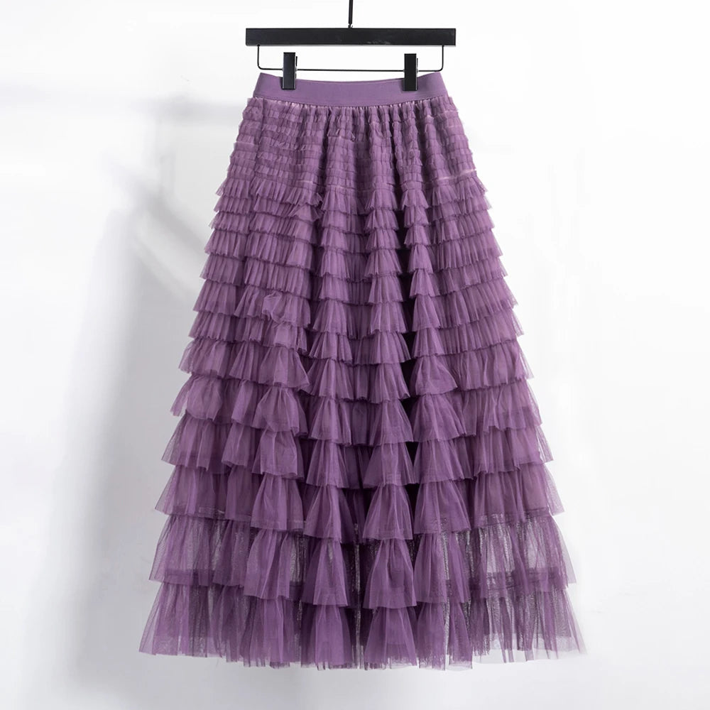 Autumn Korean Style Mesh Puffy Cake Long Skirt