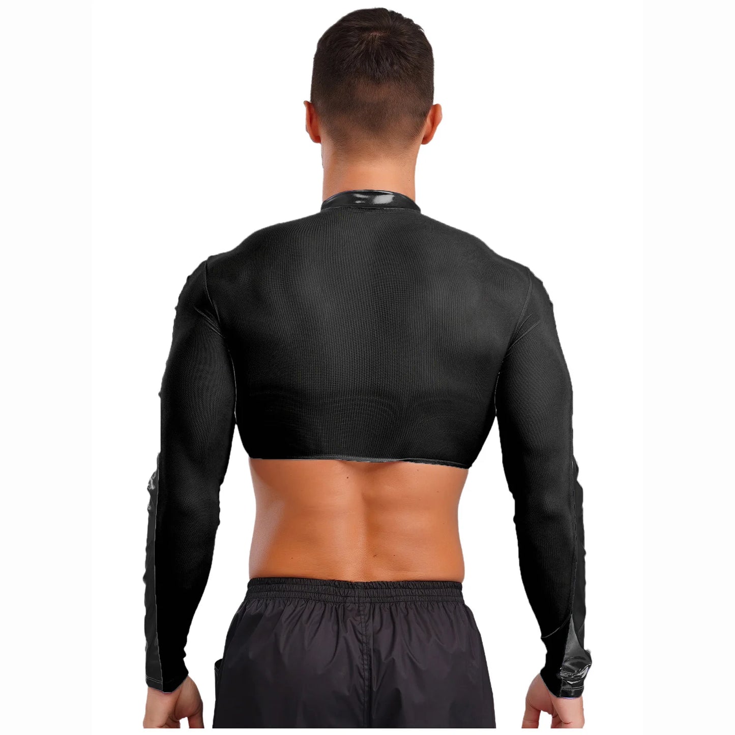Men Shiny Metallic Glitter Crop Top Club Wear Long Sleeves