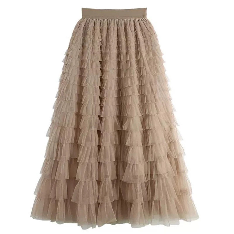 Autumn Korean Style Mesh Puffy Cake Long Skirt
