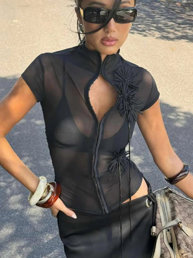 BOOFEENAA Sexy Mesh Sheer Black Shirts & Blouses 3d Flower