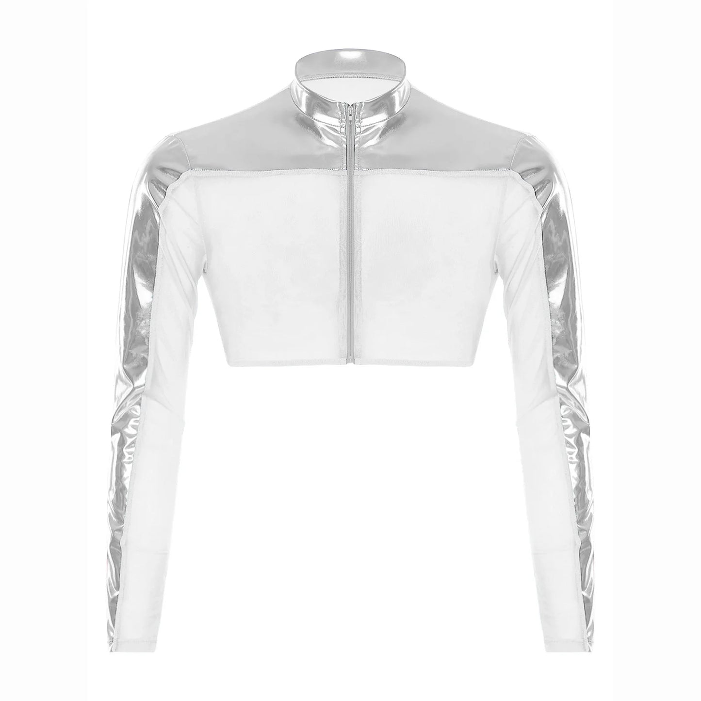 Men Shiny Metallic Glitter Crop Top Club Wear Long Sleeves