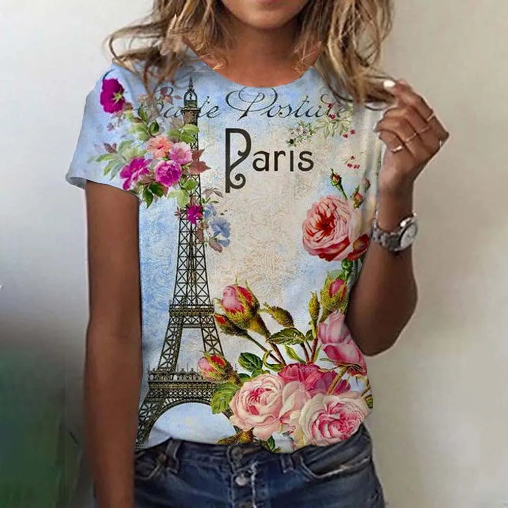 Summer Paris Eiffel Tower 3D Print T-shirts Women