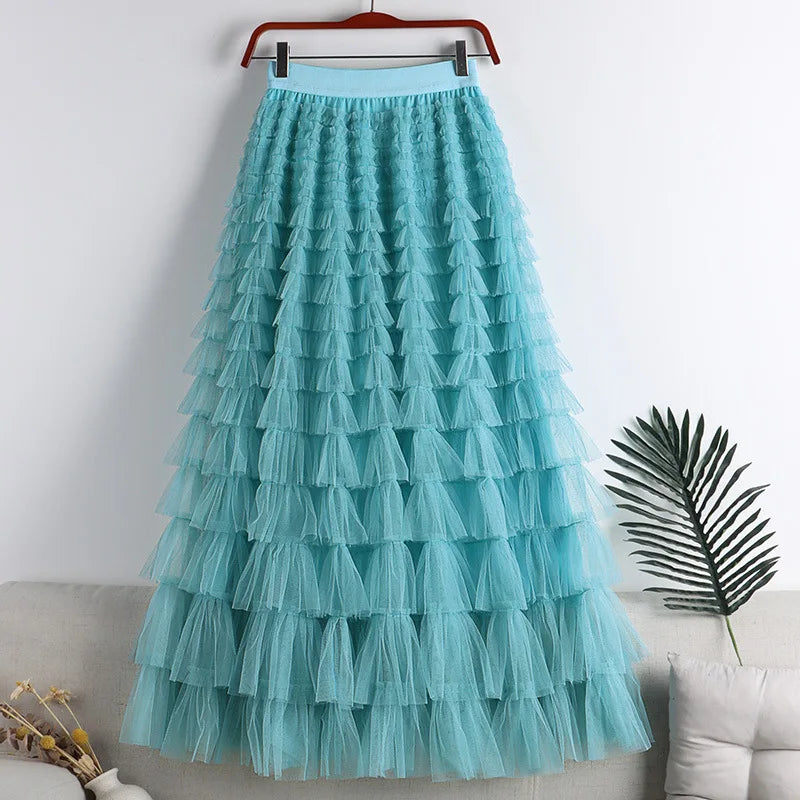 Autumn Korean Style Mesh Puffy Cake Long Skirt