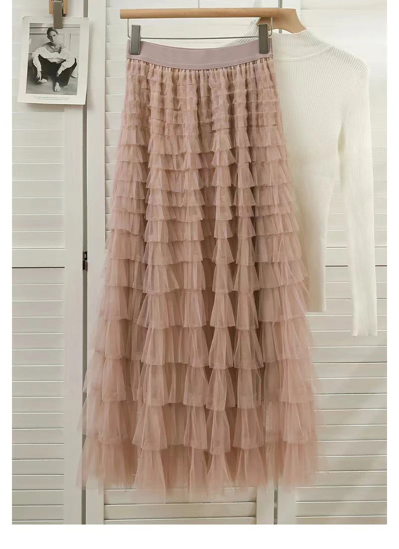 Autumn Korean Style Mesh Puffy Cake Long Skirt