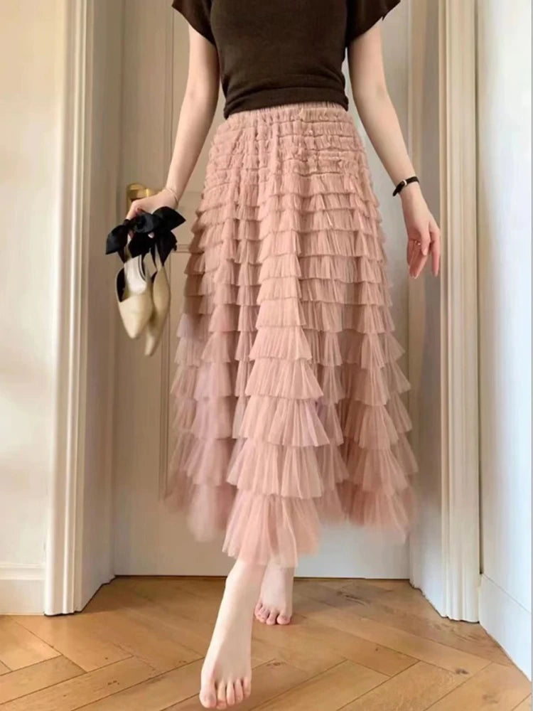 Autumn Korean Style Mesh Puffy Cake Long Skirt