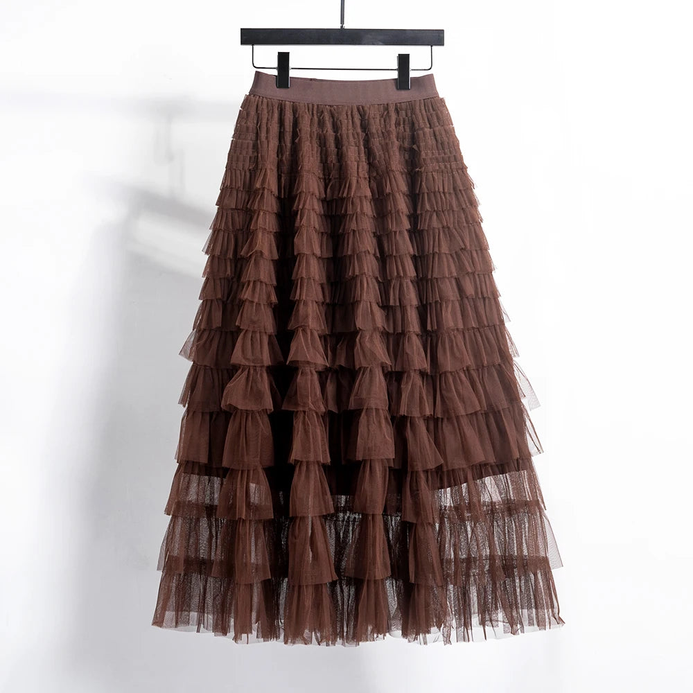 Autumn Korean Style Mesh Puffy Cake Long Skirt