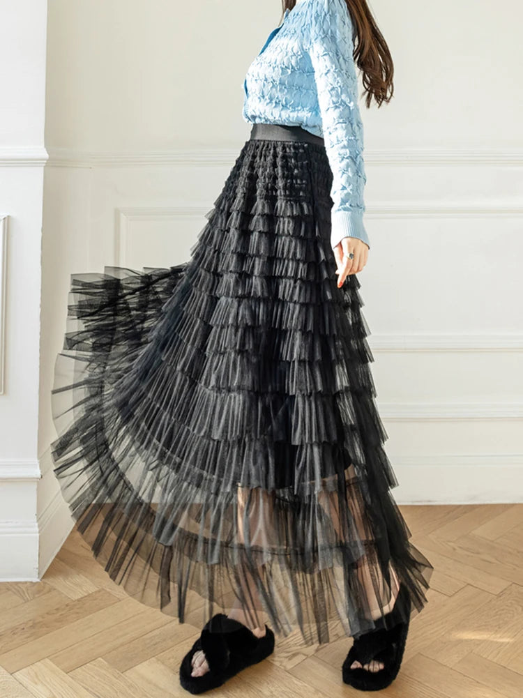 Autumn Korean Style Mesh Puffy Cake Long Skirt