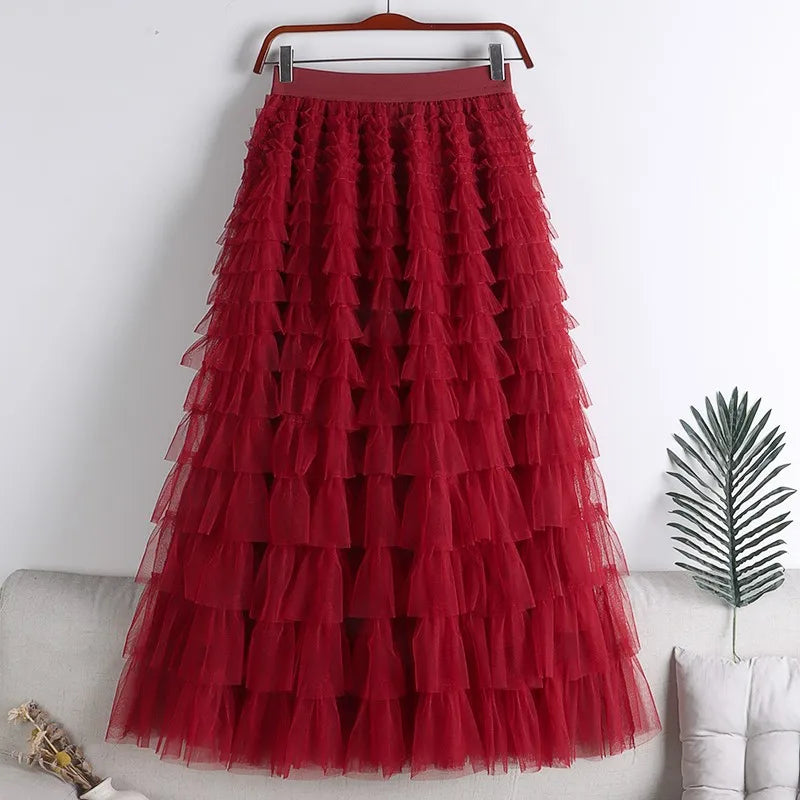 Autumn Korean Style Mesh Puffy Cake Long Skirt